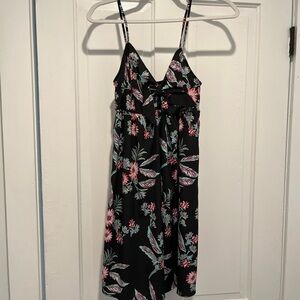 Floral Black silk Dress with Pink and Green Accents